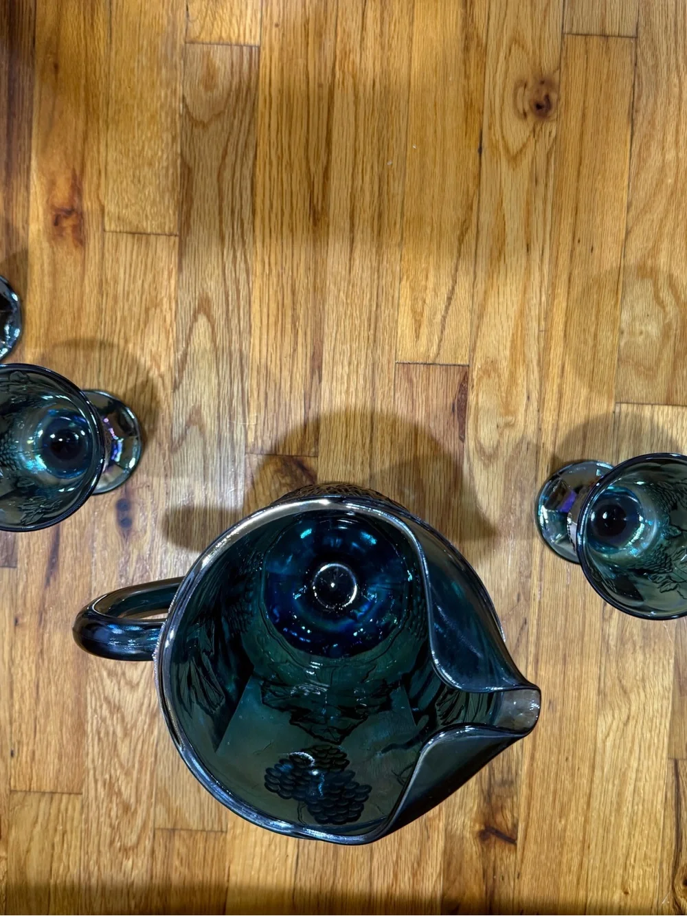 Iridescent Blue Glass Pitcher and 4 Goblets Set